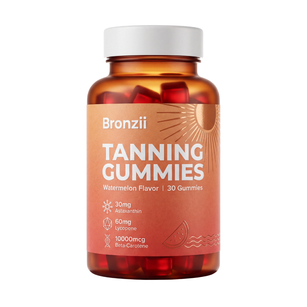 An amber bottle of Bronzii Tanning Gummies, watermelon flavor, against a white background.